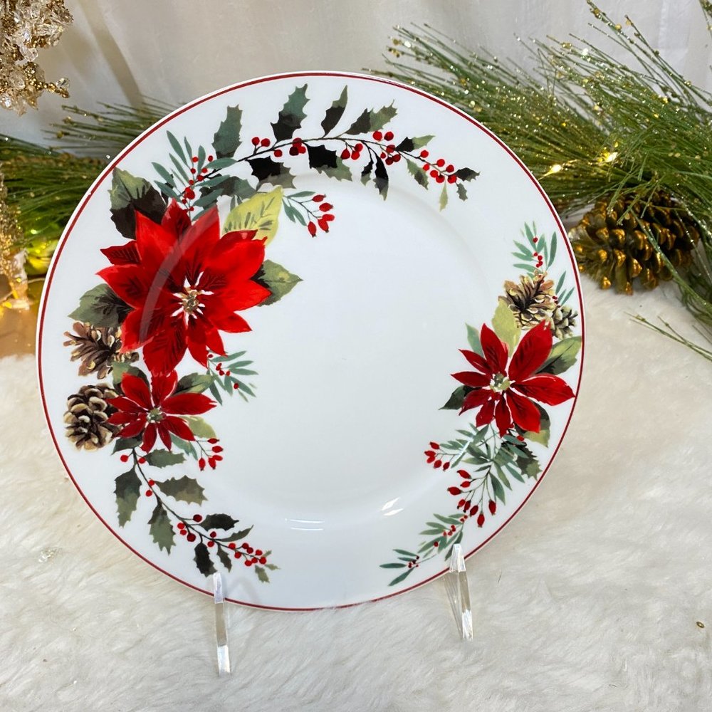 Grace Fine Porcelain Holiday Plaid Poinsettia SALAD SIDE PLATES SET OF 4 NEW